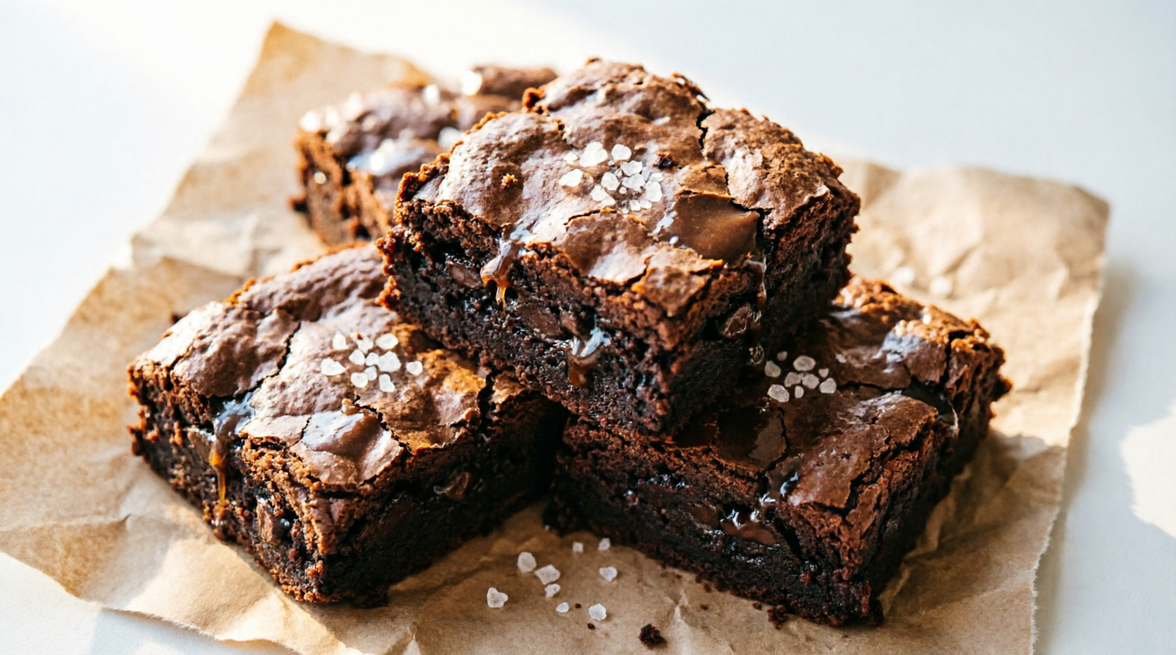 Brownies caseros de chocolate apilados sobre papel kraft