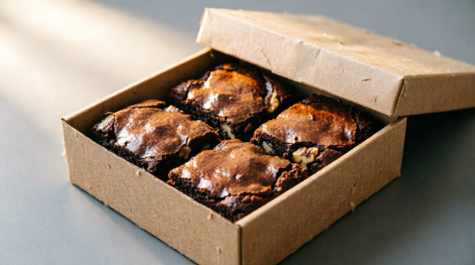 Caja kraft con brownies artesanales de Huellas de Cacao Venezolano